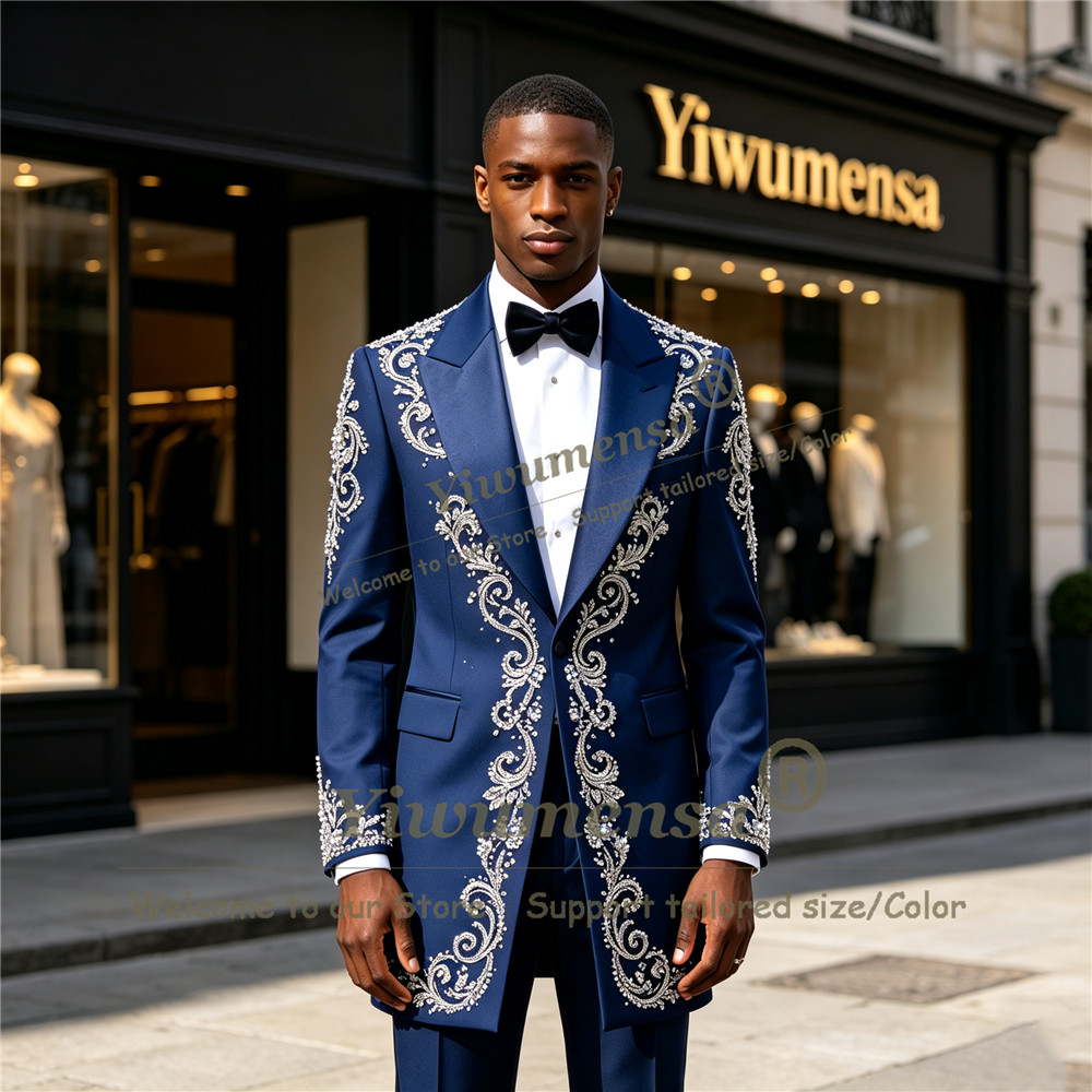 Men Formal Wear With Blazer - Handmade Crystals Beading Suit Men Customized