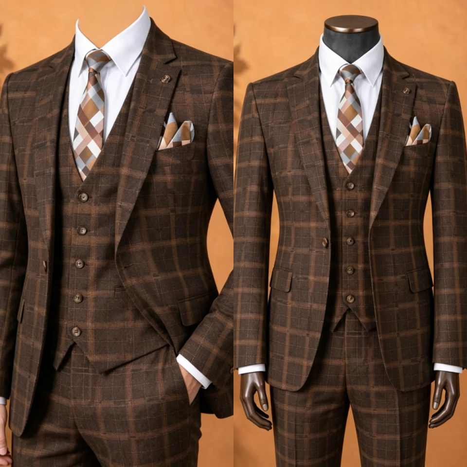 Men Formal Wear Brown - Elegant Brown Plaid Men 3 Piece