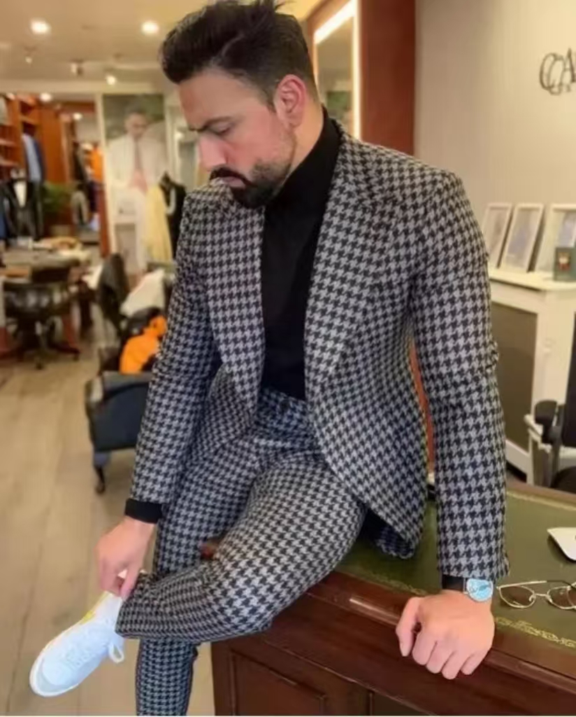 Houndstooth Vintage Men's Suit - Men Formal Wear With Blazer 评论和价格