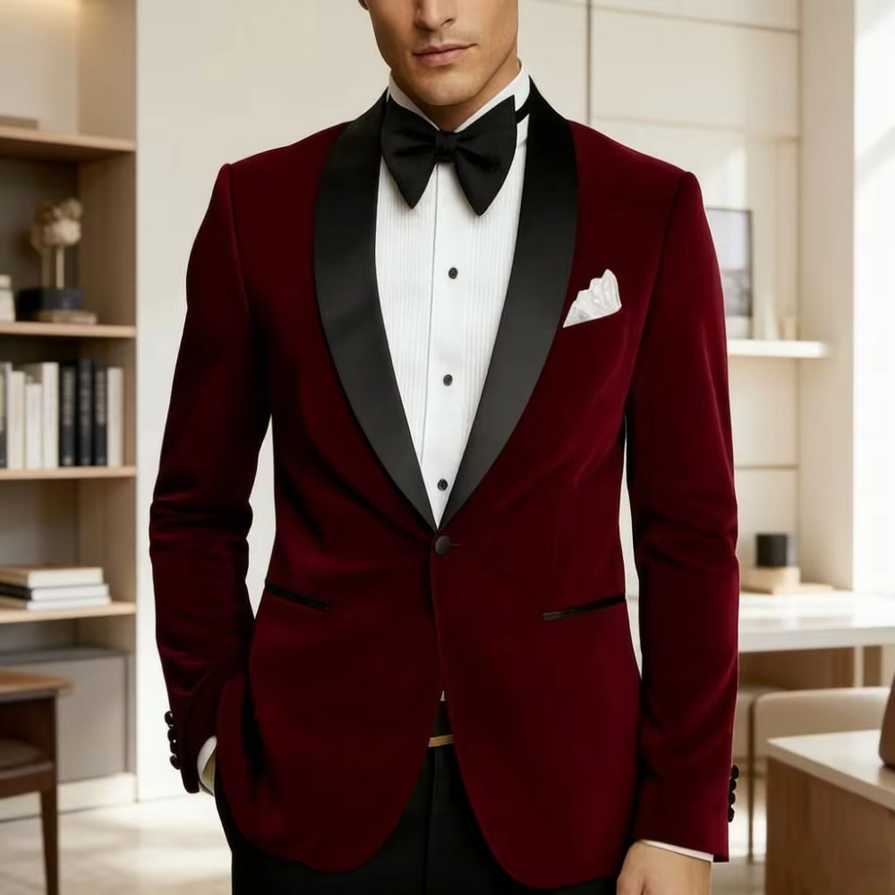 Men Velvet Slim Fit Suits 1 Pi - Formal Wear For Men Black Suit 评论和价格