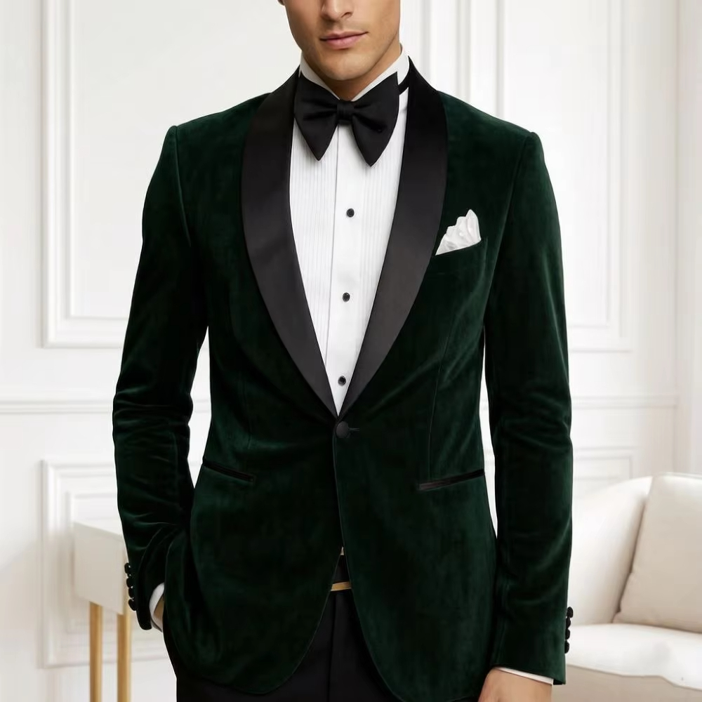 Men Velvet Slim Fit Suits 1 Pi - Formal Wear For Men Black Suit 评论和价格