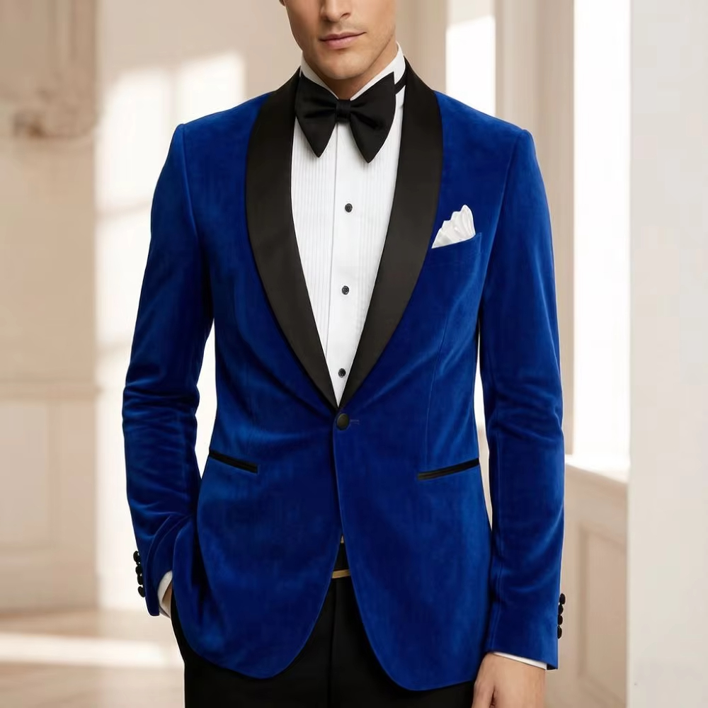 Men Velvet Slim Fit Suits 1 Pi - Formal Wear For Men Black Suit 评论和价格