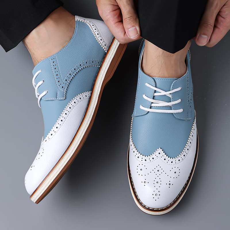 Mens White Blue Two Tone Brogu - Patent Leather Oxford 评论和价格