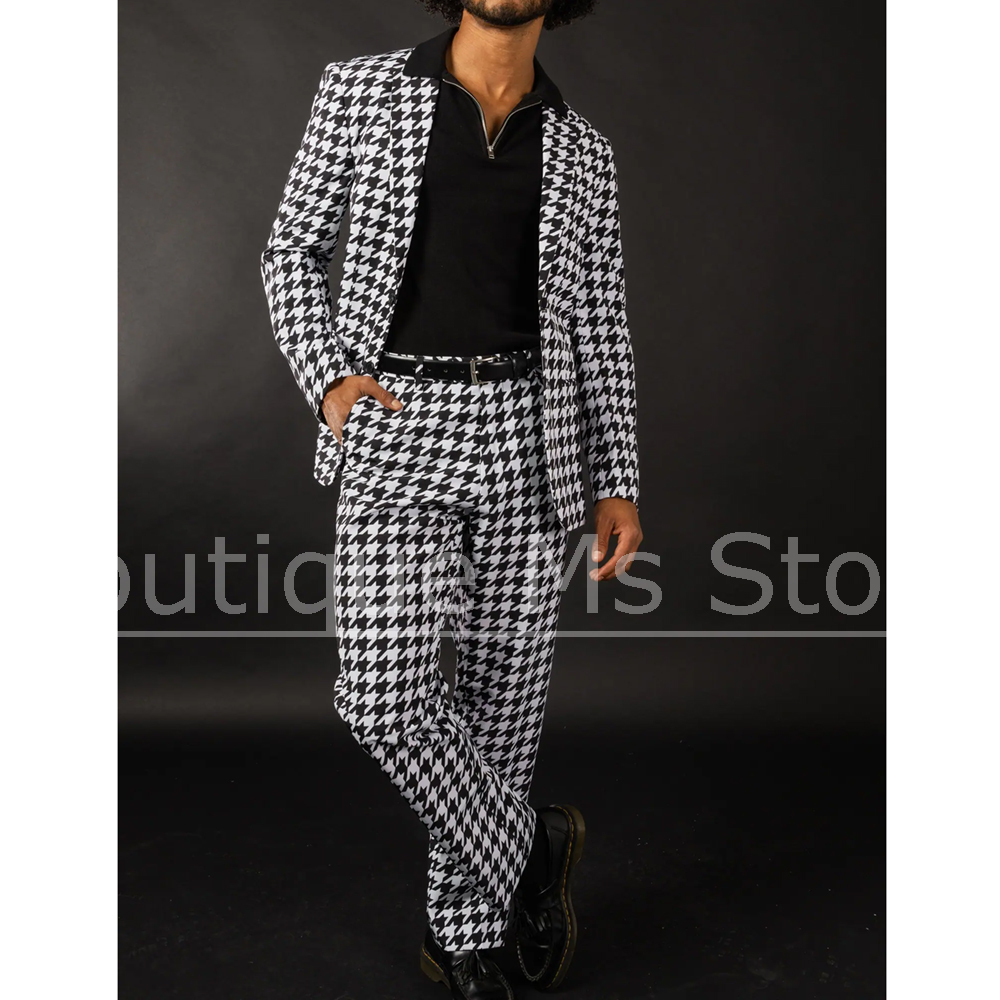 Black White Houndstooth Men's  - Men Formal Wear With Blazer 评论和价格