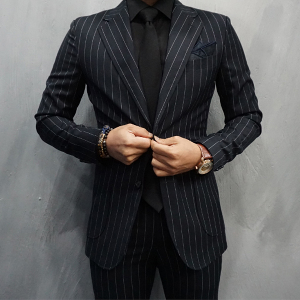 Black Striped Men Suits Single - Large Men Formal Wear 评论和价格